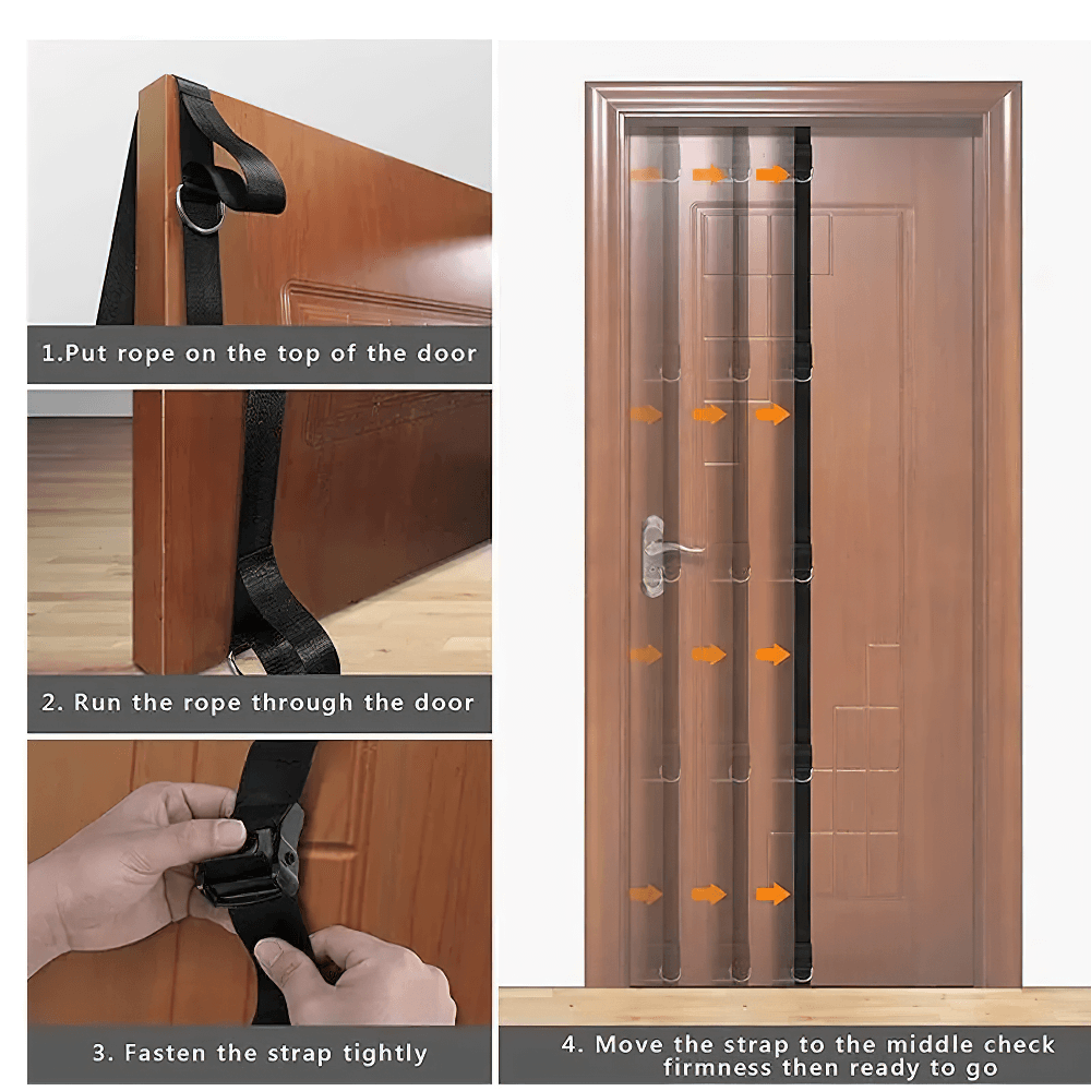 Illustration showing installation steps for the SF3305 door-mounted suspension training strap for home workouts.